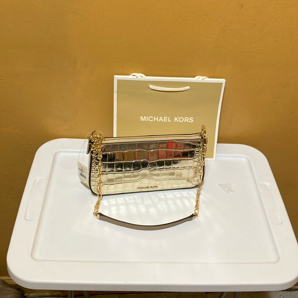 Michael Kors Empire MD Chain Pouchette Embossed Pale Gold leather bag